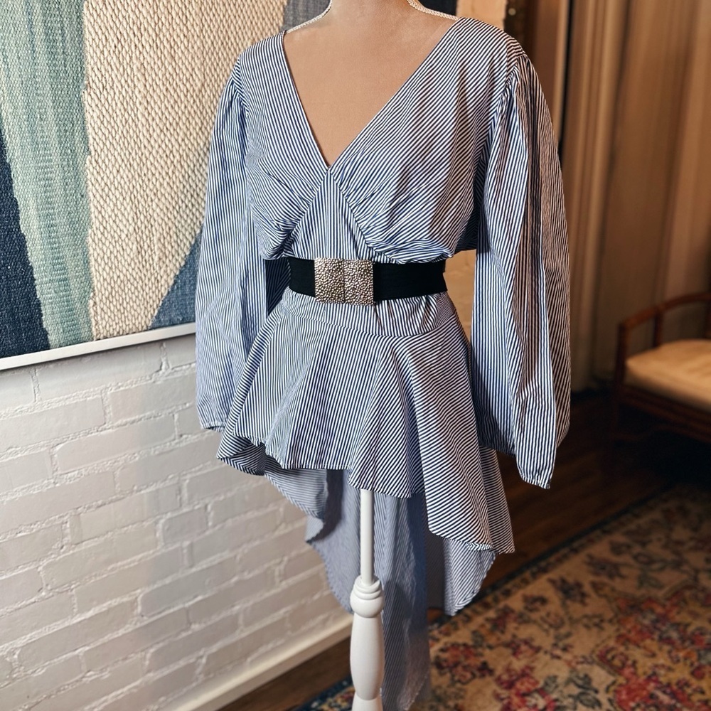 18 Centimeters Blue Striped Peplum High Low Blouse
